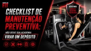 Infográfico sobre manutenção preventiva de academia com mulher treinando em aparelho de leg press.