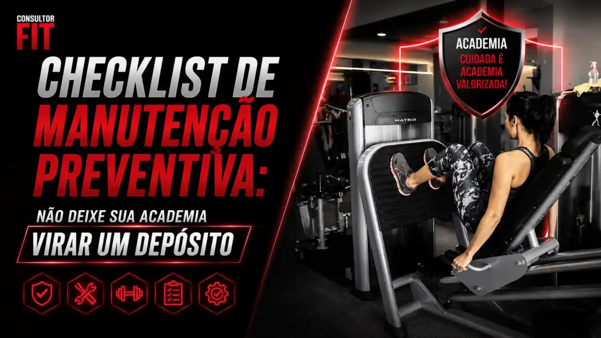 Infográfico sobre manutenção preventiva de academia com mulher treinando em aparelho de leg press.