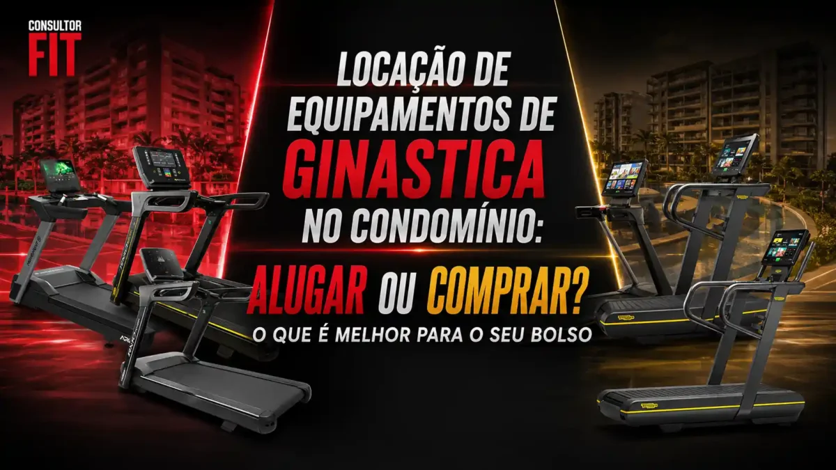 Infográfico sobre locação de equipamentos de ginástica em condomínios comparando aluguel versus compra.